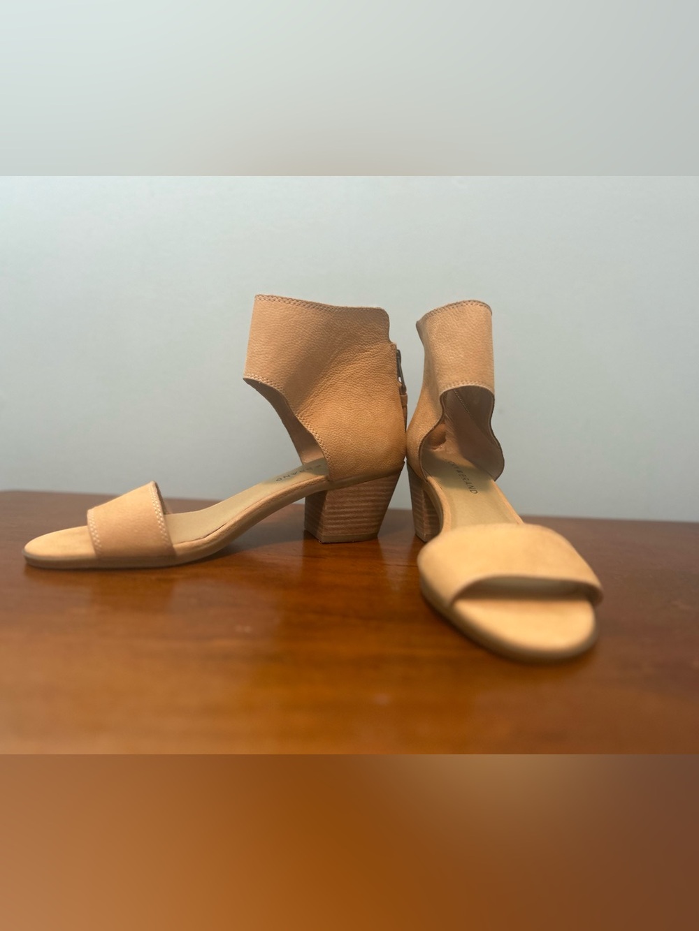 Lucky Brand Barbina Nude/Tan Block Heel Sandals with Ankle Cuff,zipper tassels 8